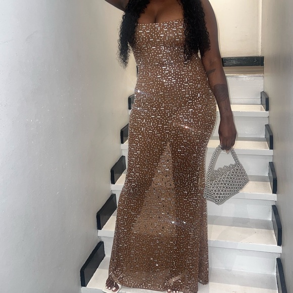 Sheer Embellished Scoop Neck Evening Gown in Mocha - Picture 4 of 4